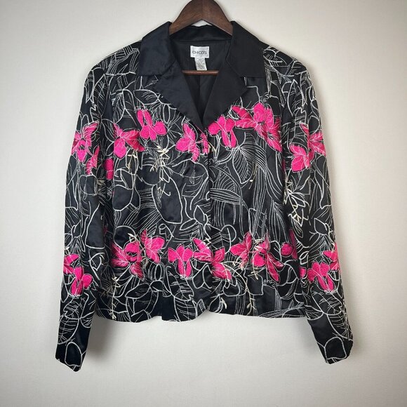 Chicos 2 Blazer Jacket Womens Large Embroidered Floral Silk Cotton Button Up L - Picture 1 of 10